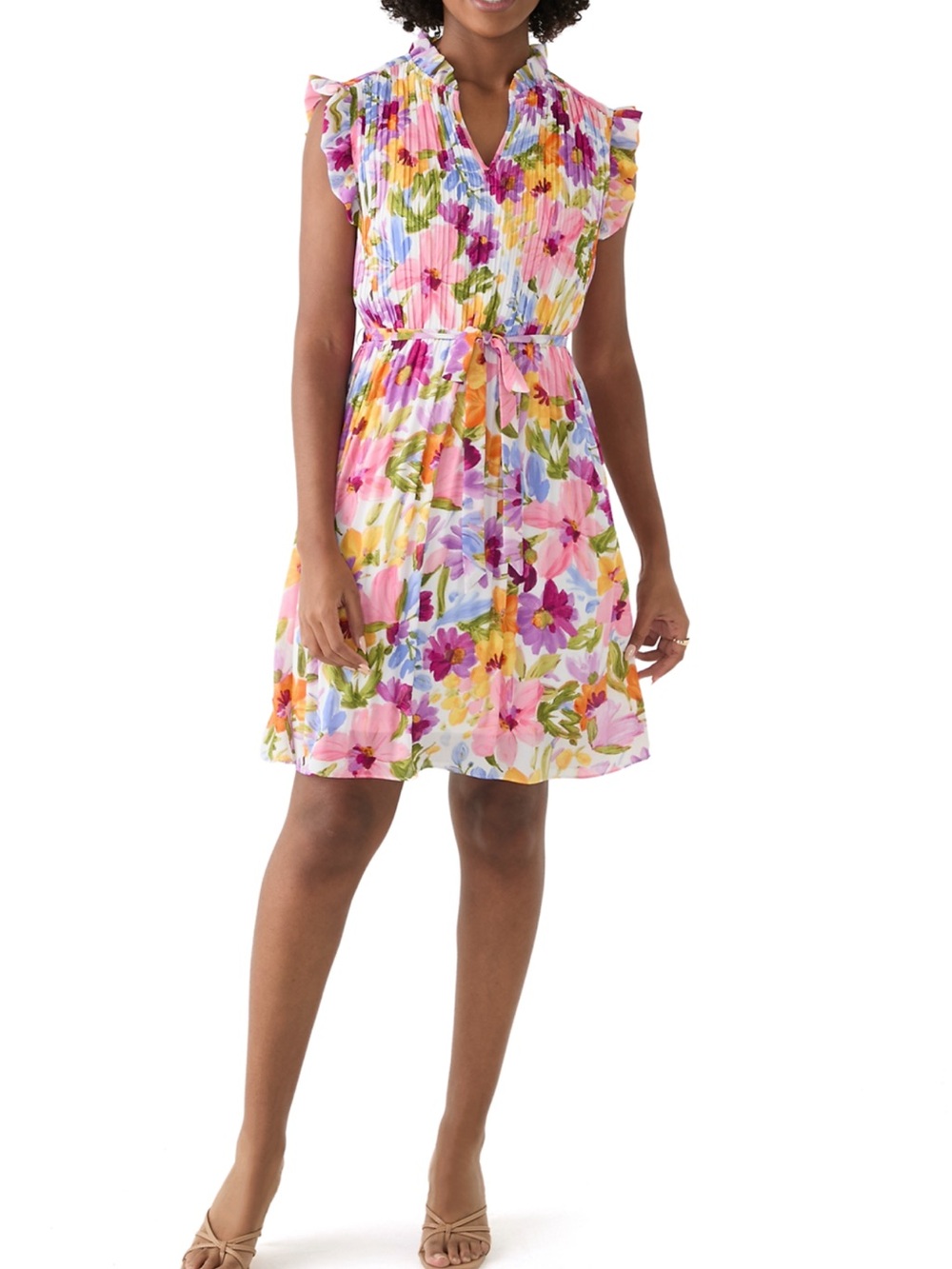 Spring Floral Tie-Waist Mini Dress in Multicolor